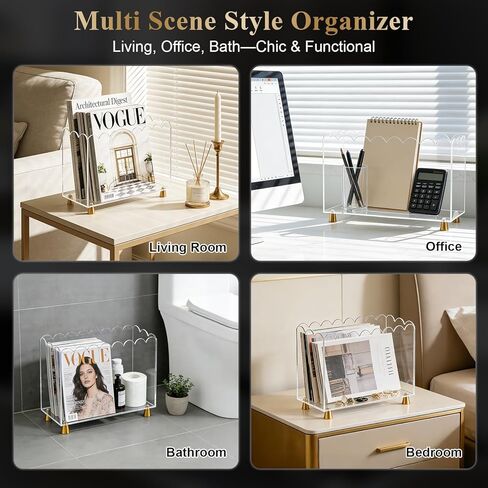 Acrylic Magazine Holder,Magazine Rack Floor,Crystal Clear Stylish Organizer with Luxe Gold Metal Feet and Wave Edge Design Space Saving Storage for Books Newspapers Office Supplies,Home Office in Saudi Arabia