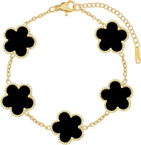 Four Leaf Clover Bracelet for Women 18K Gold Plated Stainless Steel Lucky 4 Leaf Chain Link Adjustable Bracelets Jewelry Gift for Women/White/Black Bracelets (Gold Clover Bracelet/White) in Saudi Arabia