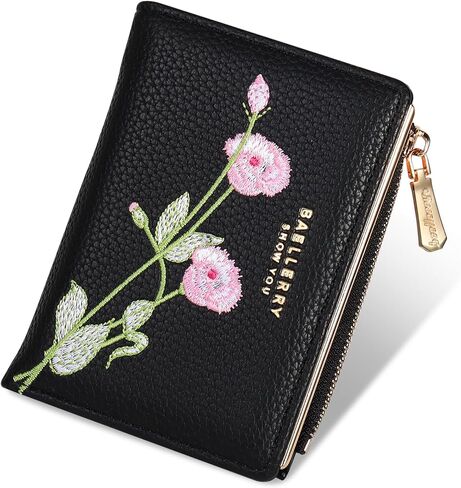 Small Wallet for Women -Bifold Embroidery Flower Wallet RFID Blocking PU Leather with Zipper Pocket for women girls(Black) in Saudi Arabia