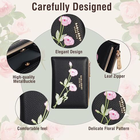 Small Wallet for Women -Bifold Embroidery Flower Wallet RFID Blocking PU Leather with Zipper Pocket for women girls(Black) in Saudi Arabia