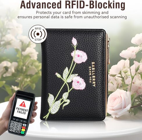 Small Wallet for Women -Bifold Embroidery Flower Wallet RFID Blocking PU Leather with Zipper Pocket for women girls(Black) in Saudi Arabia
