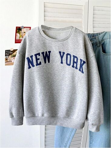 OYOANGLE Girl's Letter Graphic Print Fleece Sweatshirts Long Sleeve Crewneck Loose Pullover Sweatshirt in Saudi Arabia