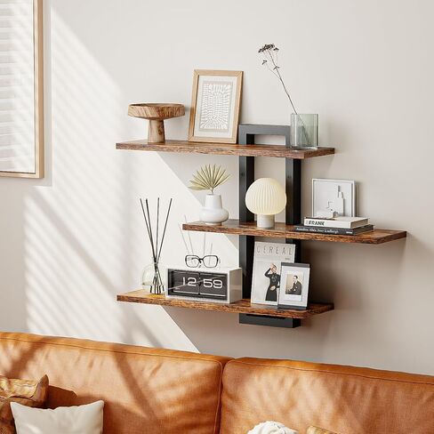 Homode Floating Shelves for Wall, Wood Wall Shelves for Bathroom, 3 Tier Shelves for Wall Decor, Decorative Hanging Storage Shelf for Bedroom Kitchen Living Room, Rustic Brown and Black in Saudi Arabia