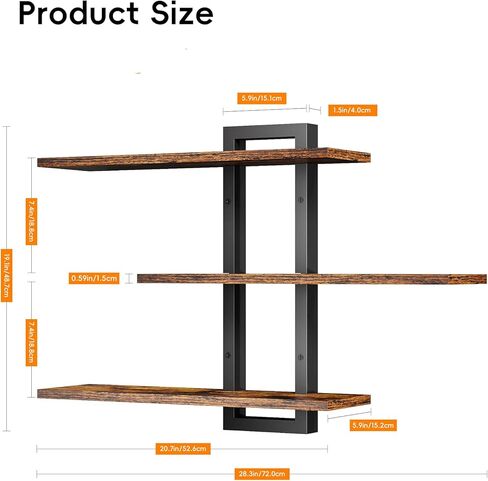 Homode Floating Shelves for Wall, Wood Wall Shelves for Bathroom, 3 Tier Shelves for Wall Decor, Decorative Hanging Storage Shelf for Bedroom Kitchen Living Room, Rustic Brown and Black in Saudi Arabia