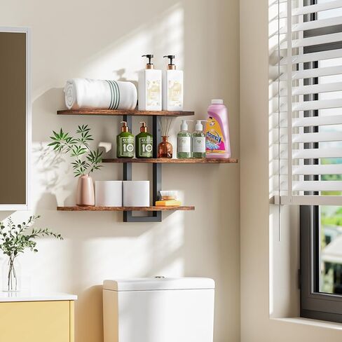 Homode Floating Shelves for Wall, Wood Wall Shelves for Bathroom, 3 Tier Shelves for Wall Decor, Decorative Hanging Storage Shelf for Bedroom Kitchen Living Room, Rustic Brown and Black in Saudi Arabia