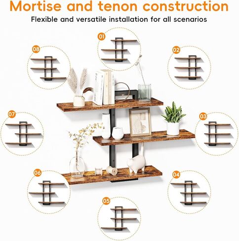 Homode Floating Shelves for Wall, Wood Wall Shelves for Bathroom, 3 Tier Shelves for Wall Decor, Decorative Hanging Storage Shelf for Bedroom Kitchen Living Room, Rustic Brown and Black in Saudi Arabia