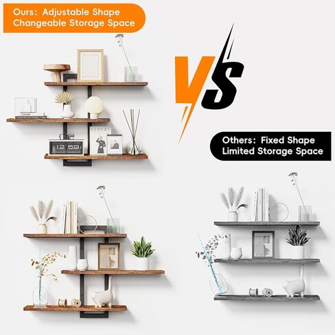Homode Floating Shelves for Wall, Wood Wall Shelves for Bathroom, 3 Tier Shelves for Wall Decor, Decorative Hanging Storage Shelf for Bedroom Kitchen Living Room, Rustic Brown and Black in Saudi Arabia