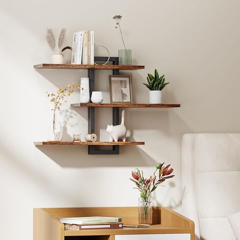 Homode Floating Shelves for Wall, Wood Wall Shelves for Bathroom, 3 Tier Shelves for Wall Decor, Decorative Hanging Storage Shelf for Bedroom Kitchen Living Room, Rustic Brown and Black in Saudi Arabia