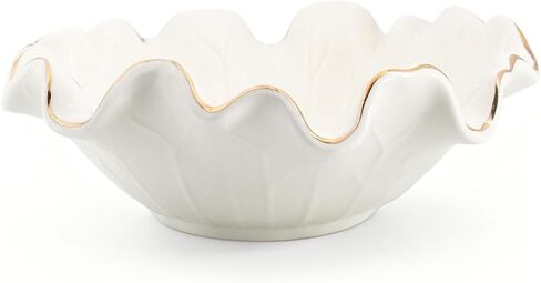Handcrafted 8" White Ceramic Ruffle Bowl with Gold Trim – Modern Lotus Design, Small Decorative Fruit Bowl for Kitchen Counter & Key Holder for Entryway Table, Catch-All for Home Decor in Saudi Arabia