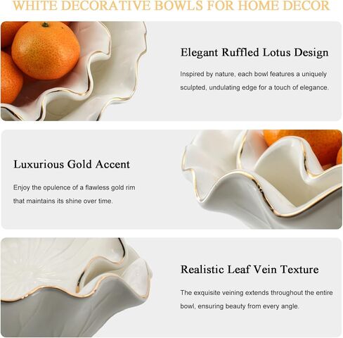 Handcrafted 8" White Ceramic Ruffle Bowl with Gold Trim – Modern Lotus Design, Small Decorative Fruit Bowl for Kitchen Counter & Key Holder for Entryway Table, Catch-All for Home Decor in Saudi Arabia