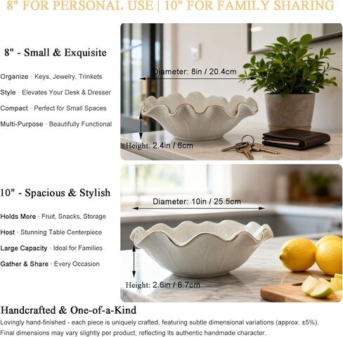 Handcrafted 8" White Ceramic Ruffle Bowl with Gold Trim – Modern Lotus Design, Small Decorative Fruit Bowl for Kitchen Counter & Key Holder for Entryway Table, Catch-All for Home Decor in Saudi Arabia