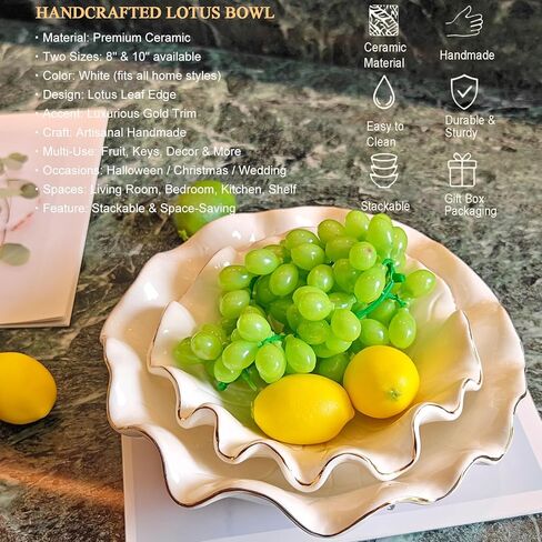 Handcrafted 8" White Ceramic Ruffle Bowl with Gold Trim – Modern Lotus Design, Small Decorative Fruit Bowl for Kitchen Counter & Key Holder for Entryway Table, Catch-All for Home Decor in Saudi Arabia