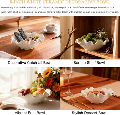 Handcrafted 8" White Ceramic Ruffle Bowl with Gold Trim – Modern Lotus Design, Small Decorative Fruit Bowl for Kitchen Counter & Key Holder for Entryway Table, Catch-All for Home Decor in Saudi Arabia