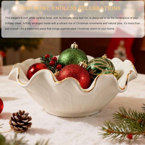 Handcrafted 8" White Ceramic Ruffle Bowl with Gold Trim – Modern Lotus Design, Small Decorative Fruit Bowl for Kitchen Counter & Key Holder for Entryway Table, Catch-All for Home Decor in Saudi Arabia