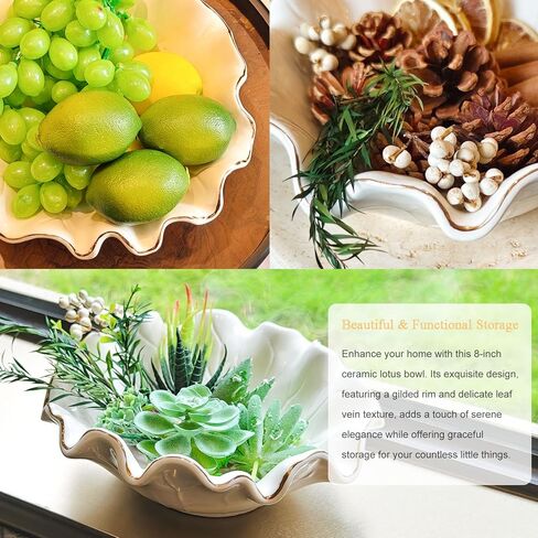 Handcrafted 8" White Ceramic Ruffle Bowl with Gold Trim – Modern Lotus Design, Small Decorative Fruit Bowl for Kitchen Counter & Key Holder for Entryway Table, Catch-All for Home Decor in Saudi Arabia
