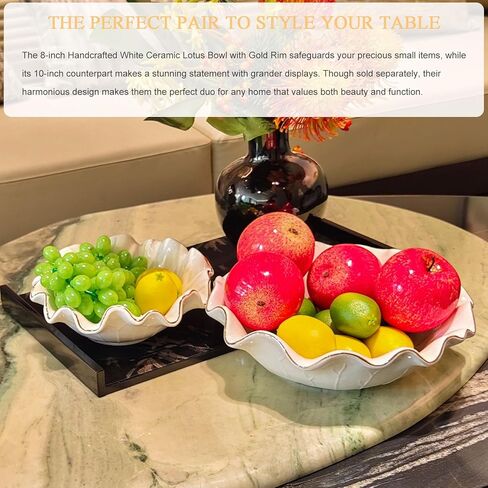 Handcrafted 8" White Ceramic Ruffle Bowl with Gold Trim – Modern Lotus Design, Small Decorative Fruit Bowl for Kitchen Counter & Key Holder for Entryway Table, Catch-All for Home Decor in Saudi Arabia