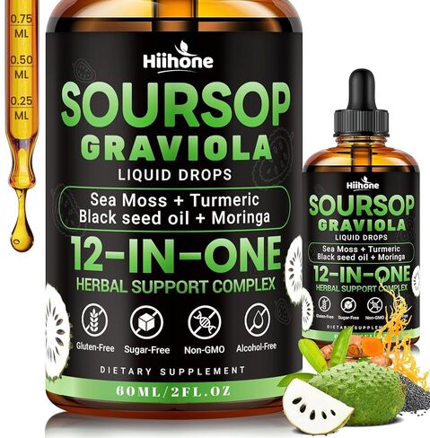 HIIHONE (2 Pack) 12-in-1 Soursop Bitters Liquid Drops with Sea Moss, Black Seed Oil, Moringa for Cell Support & Regeneration, Immunity, Liver, Gut & Antioxidant - 2 Fl Oz in Saudi Arabia