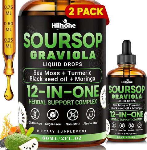HIIHONE (2 Pack) 12-in-1 Soursop Bitters Liquid Drops with Sea Moss, Black Seed Oil, Moringa for Cell Support & Regeneration, Immunity, Liver, Gut & Antioxidant - 2 Fl Oz in Saudi Arabia