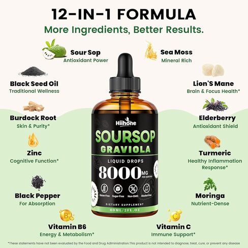 HIIHONE (2 Pack) 12-in-1 Soursop Bitters Liquid Drops with Sea Moss, Black Seed Oil, Moringa for Cell Support & Regeneration, Immunity, Liver, Gut & Antioxidant - 2 Fl Oz in Saudi Arabia