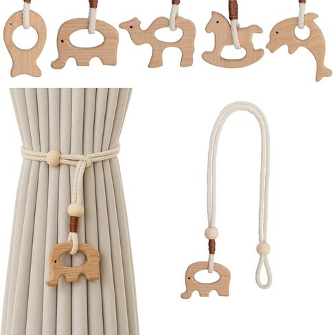 Wooden Animal Curtain Tie Backs- Cotton Rope Tiebacks Window Treatment Holdbacks with Natural Wood Beads for Home Outdoor Room Decor (2Pack, Elephant) in Kuwait