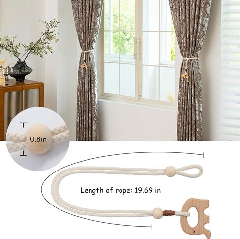 Wooden Animal Curtain Tie Backs- Cotton Rope Tiebacks Window Treatment Holdbacks with Natural Wood Beads for Home Outdoor Room Decor (2Pack, Elephant) in Kuwait