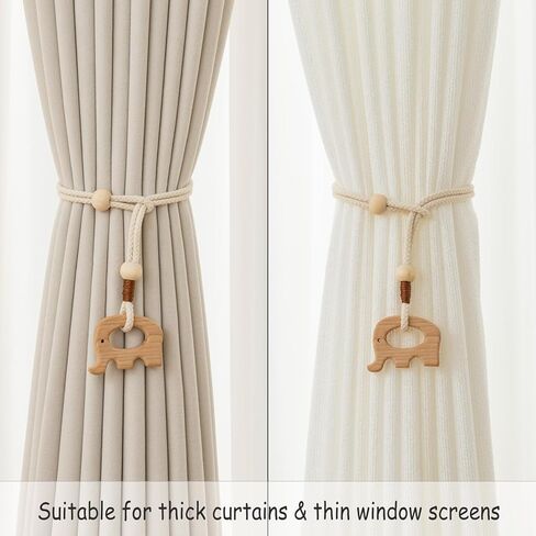 Wooden Animal Curtain Tie Backs- Cotton Rope Tiebacks Window Treatment Holdbacks with Natural Wood Beads for Home Outdoor Room Decor (2Pack, Elephant) in Kuwait