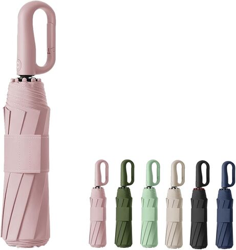 Travel Automatic Folding Umbrella with Carabiner Handle&5CM/2IN Widened Hook and Loop Strip for Men Women,Portable Compact Parasol,Open Close,10Ribs,Strong,UV Protection,Sun Rain,Backpack Car in Saudi Arabia