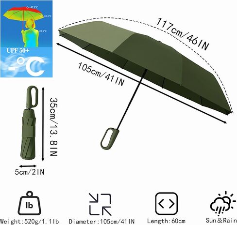 Travel Automatic Folding Umbrella with Carabiner Handle&5CM/2IN Widened Hook and Loop Strip for Men Women,Portable Compact Parasol,Open Close,10Ribs,Strong,UV Protection,Sun Rain,Backpack Car in Saudi Arabia
