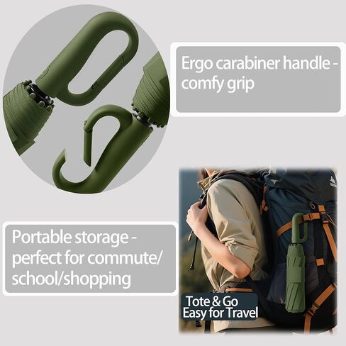 Travel Automatic Folding Umbrella with Carabiner Handle&5CM/2IN Widened Hook and Loop Strip for Men Women,Portable Compact Parasol,Open Close,10Ribs,Strong,UV Protection,Sun Rain,Backpack Car in Saudi Arabia