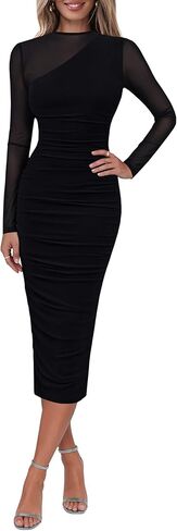 Lazysmile Long Sleeve Mesh Dresses for Women Mock Neck Ruched Bodycon Elegant Cocktail Club Party Wedding Guest Dress in Saudi Arabia