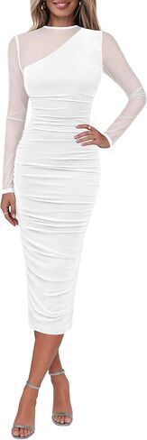 Lazysmile Long Sleeve Mesh Dresses for Women Mock Neck Ruched Bodycon Elegant Cocktail Club Party Wedding Guest Dress in Saudi Arabia
