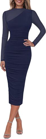 Lazysmile Long Sleeve Mesh Dresses for Women Mock Neck Ruched Bodycon Elegant Cocktail Club Party Wedding Guest Dress in Saudi Arabia
