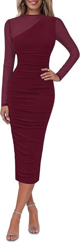 Lazysmile Long Sleeve Mesh Dresses for Women Mock Neck Ruched Bodycon Elegant Cocktail Club Party Wedding Guest Dress in Saudi Arabia