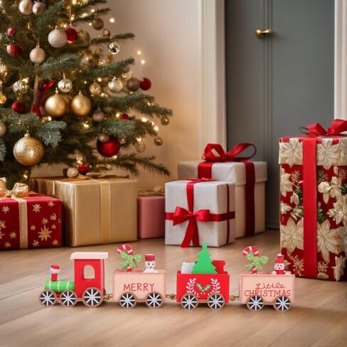 DECHOUS Wooden Christmas Train Painted Mini Train Decor Set Holiday Table Decorations for Home Christmas Party, 9.6x2.4x1.2 Inch in Saudi Arabia