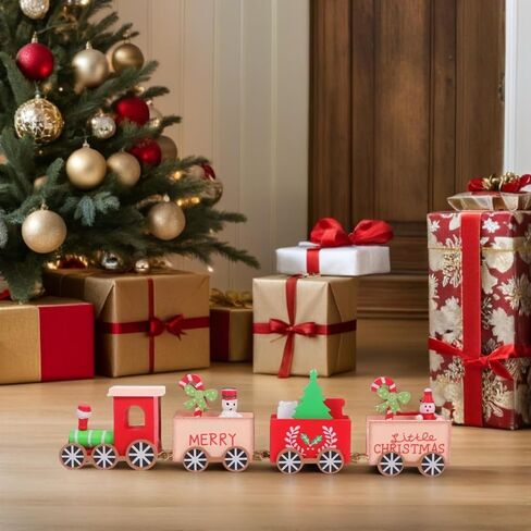 DECHOUS Wooden Christmas Train Painted Mini Train Decor Set Holiday Table Decorations for Home Christmas Party, 9.6x2.4x1.2 Inch in Saudi Arabia