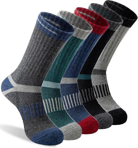 Men's Wool Crew Work Socks, 5 Pairs, Moisture Wicking Cushioned Boot Socks for Hiking, Running and Sports in Kuwait
