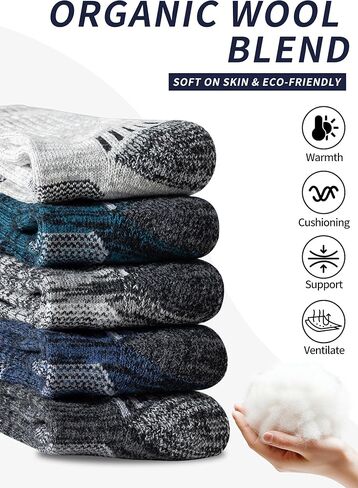 Men's Wool Crew Work Socks, 5 Pairs, Moisture Wicking Cushioned Boot Socks for Hiking, Running and Sports in Saudi Arabia