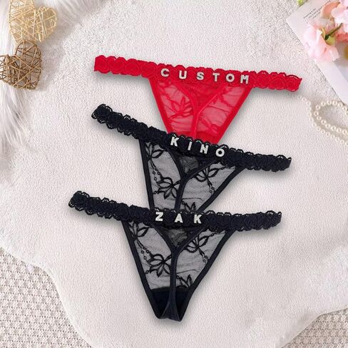 2-Pack Personalized Thongs With Names, Custom Thong With His Name Hand Sewn Low Rise Lace G-String Panties for Women in Saudi Arabia