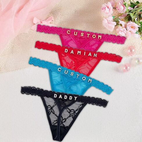2-Pack Personalized Thongs With Names, Custom Thong With His Name Hand Sewn Low Rise Lace G-String Panties for Women in Saudi Arabia