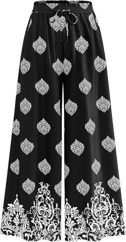 CFLONGE Women Wide Leg Pants Casual High Waist Floral Palazzo Pants for Women Flowy Trendy Lounge Boho Beach Trousers Pockets in Kuwait