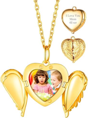 Custom4U الملاك الجناح المنجد قلادة التي تحمل صورة للنساء، 925 الفضة الاسترليني مطلية بالذهب / ارتفع الذهب / أسود مخصص صورة القلب المناجد مع سلسلة 16 "/ 18" / 22 "، هدية تذكارية قلادة شخصية in Saudi Arabia