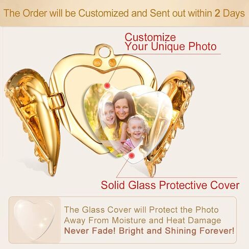 Custom4U الملاك الجناح المنجد قلادة التي تحمل صورة للنساء، 925 الفضة الاسترليني مطلية بالذهب / ارتفع الذهب / أسود مخصص صورة القلب المناجد مع سلسلة 16 "/ 18" / 22 "، هدية تذكارية قلادة شخصية in Saudi Arabia