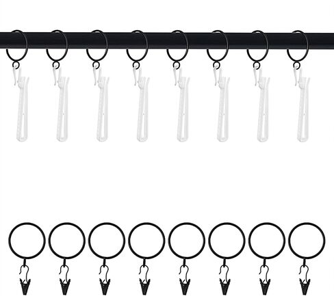 Black Curtain Rings with Clips Hooks, Set of 16 Iron Metal Rings with Clips, Adjustable Plastic Hooks for Drapery Hardware 16 Set in Saudi Arabia