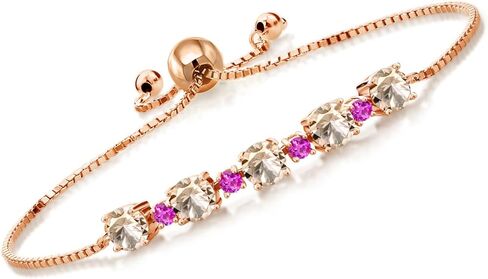 Gemstone Birthstone and Pink Sapphire Tennis Bracelet for Women in 18K Rose Gold Plated Silver | Round 5MM and 2.5MM | Adjustable Bolo Design | Easy-On Easy-Off | Fully Adjustable Up to 9 Inch in Saudi Arabia