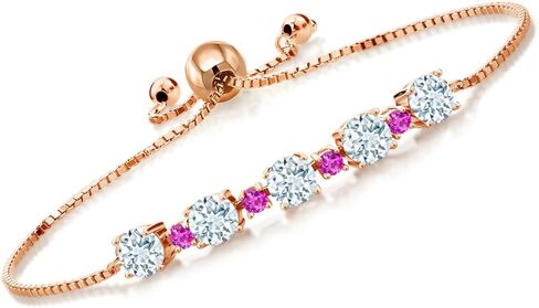 Gemstone Birthstone and Pink Sapphire Tennis Bracelet for Women in 18K Rose Gold Plated Silver | Round 5MM and 2.5MM | Adjustable Bolo Design | Easy-On Easy-Off | Fully Adjustable Up to 9 Inch in Saudi Arabia