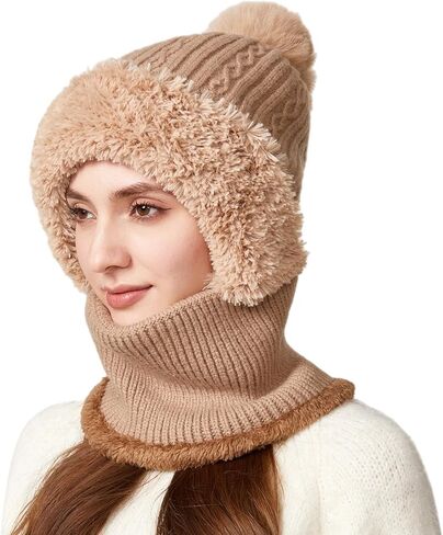 Winter Knitted Balaclava Women Hooded Beanie Hats Fleece Lined One Piece Neck Warmer Skull Cap Cold Weather in Saudi Arabia
