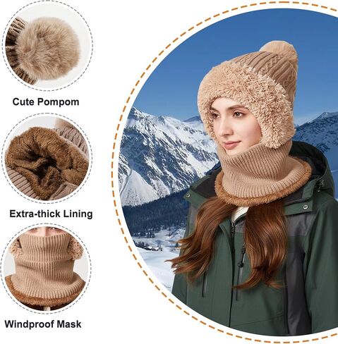 Winter Knitted Balaclava Women Hooded Beanie Hats Fleece Lined One Piece Neck Warmer Skull Cap Cold Weather in Saudi Arabia