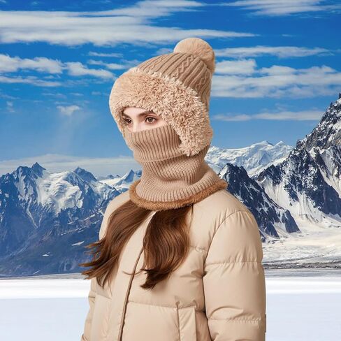 Winter Knitted Balaclava Women Hooded Beanie Hats Fleece Lined One Piece Neck Warmer Skull Cap Cold Weather in Saudi Arabia