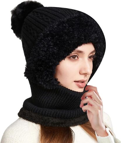Winter Knitted Balaclava Women Hooded Beanie Hats Fleece Lined One Piece Neck Warmer Skull Cap Cold Weather in Saudi Arabia