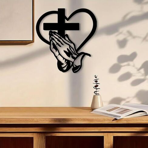 AIOUJI Elegant Metal Christian Heart & Cross Wall Art, Praying Hands Design, Decorative Iron Sculpture for Indoor/Outdoor, Perfect for Living Room, Patio, Office Farmhouse Decor(12in) in Saudi Arabia
